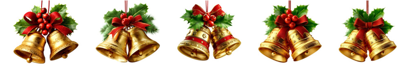 Set of Festive Christmas Bells with Holly and Berries for Holiday Design on transparent background