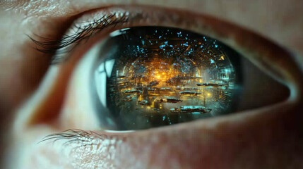 Futuristic cityscape reflected in human eye, showcasing spaceships and vibrant city lights