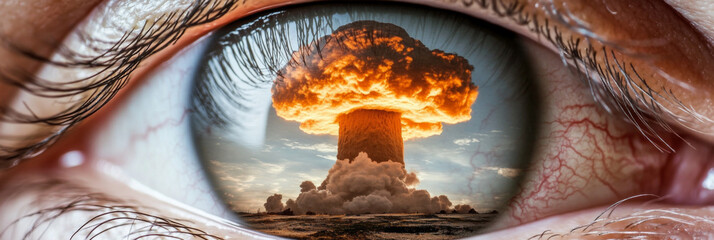 Human eye reflecting massive nuclear explosion, apocalyptic theme, background