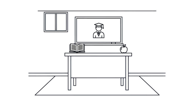 Online Classroom Setup - Desk with Computer, Book, and Apple.
