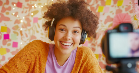 Blogger young woman with curly hair smiling in cozy room, concept of joyful lifestyle