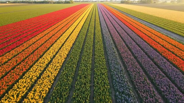 Spectacular aerial drone view of a vast tulip field in the Netherlands, with vibrant rows of flowers creating a stunning natural rainbow pattern