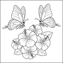 Elegant Butterflies and Hibiscus Flowers Line Art