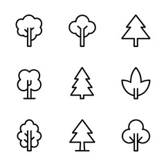 Collection of simple outline icons representing various types of trees and leaves