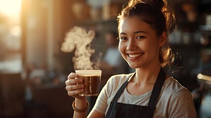 Cheerful barista serves aromatic coffee with inviting smile in sunlit café, perfect for coffee shop marketing