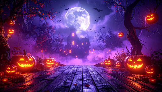 3D rendering of a spooky Halloween stage, haunted house backdrop, glowing jack-o'-lanterns, bats flying, spider webs, creepy trees, full moon in the sky.