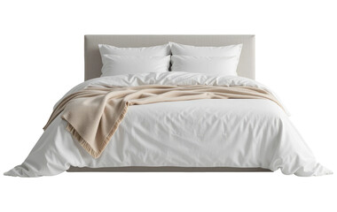 A Queen Size Bed with a Neutral Color Palette, Cut Out, Clipping Path, Isolated on a Transparent PNG Background.
