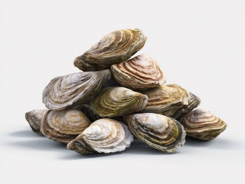 Oyster shell pile isolated on white background photorealistic detail natural environment low resolution