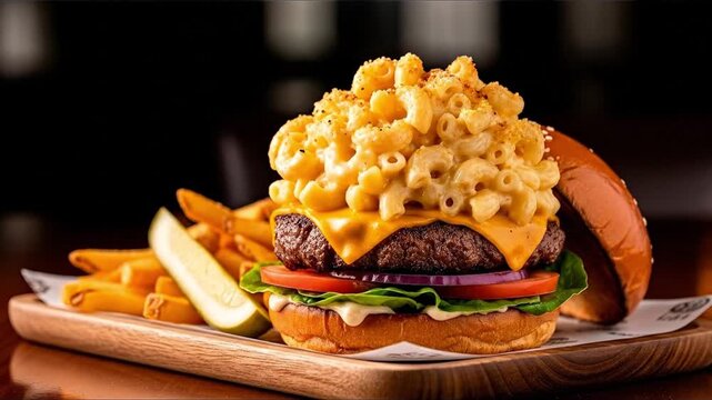 A gourmet burger loaded with macaroni and cheese accompanied by golden french fries and a pickle spear served on a wooden board