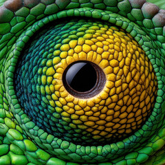Obraz premium Close up of chameleon eye showcasing vibrant colors and intricate textures, reflecting unique and captivating beauty