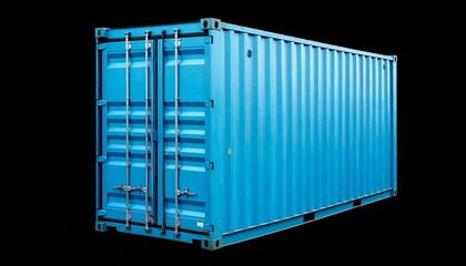 Bright blue corrugated metal shipping container with double doors, locking bars, and industrial markings, set against a dark background for strong contrast.