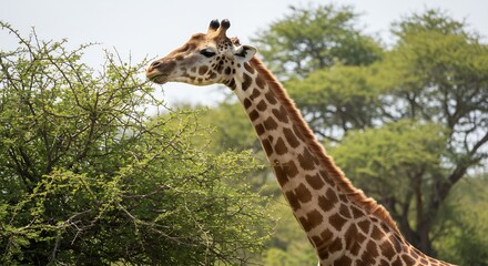 Fototapeta premium Giraffe graast rustig onder zacht ochtendlicht Afrikaanse savanne. AI Generated