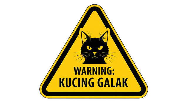 Warning sign featuring a black cat silhouette and the Indonesian text "Kucing Galak," perfect for cautioning cat lovers