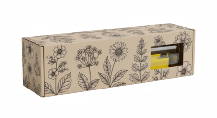 Elegant cardboard box with floral pattern and window for a bottle.