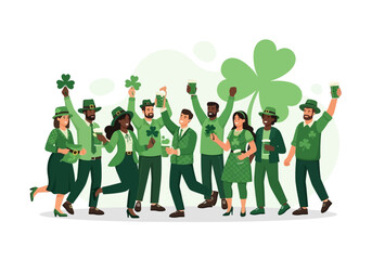 Group of people celebrating saint patricks day in green outfits. Suitable for st. Patricks day promotions and festive designs.