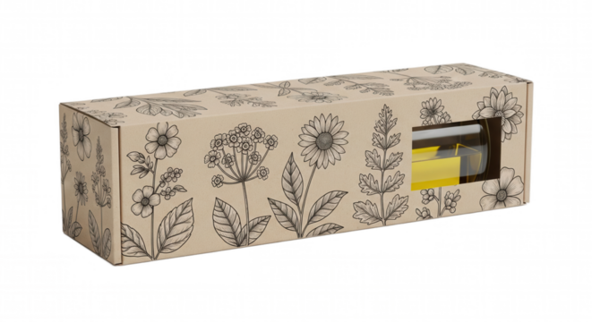 Elegant cardboard box with floral pattern and window for a bottle.