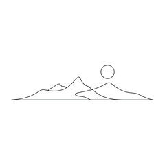 Minimalist mountain range silhouette with a sun emblem against a white background