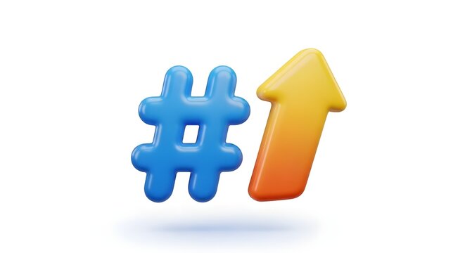 A vibrant 3D plastic icon featuring a large # symbol with an upward arrow, representing social media hashtags and viral trends