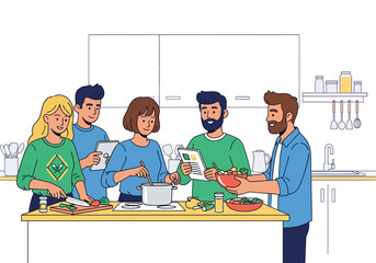 Group of people cooking together in a kitchen, laughing and enjoying. Perfect for food blogs, cooking classes, and culinary websites.