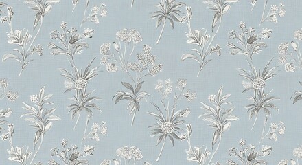 Light blue seamless pattern with delicate botanical floral elements