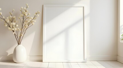 Empty frame and vase with cherry blossoms and light shining through