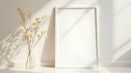 Empty frame and glass bottle filled with cherry blossoms with light shining through
