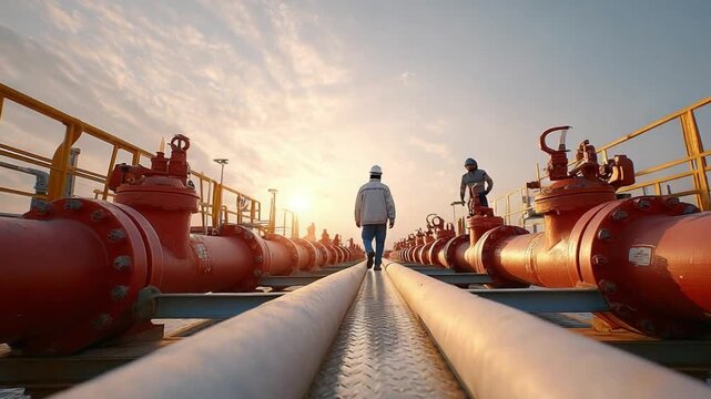 Pipeline Inspection: An engineer inspects the pipeline network against a backdrop of a sunny day, symbolizing precision and industry focus.