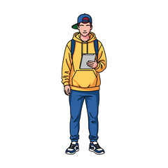 Young Man Casual Style Using Tablet, Backpack, Modern Illustration