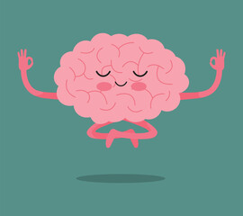 Cute brain character meditation yoga relax sitting in lotus position