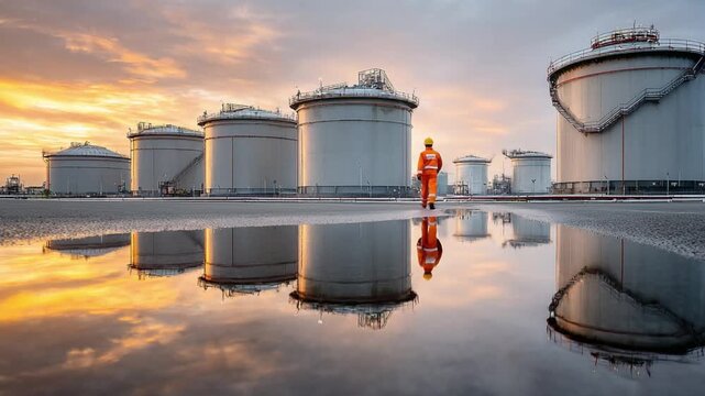 Oil Storage and Industrial worker: Industrial worker in reflective vest strides past colossal oil storage tanks in a picturesque coastal landscape, evoking themes of industry and energy.