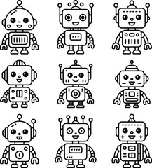 Fototapeta premium (123)artoon Robot Character Set – Black and White Vector Illustrations of Friendly Robots with Unique Heads, Faces, and Antennas