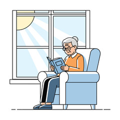 Elderly Woman Reading Book by Sunny Window, Line Art Illustration