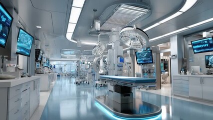 Modern Medical Marvel: A futuristic hospital operating room, bathed in cool, sterile light. Gleaming equipment stands ready, a testament to advanced technology. - Powered by Adobe