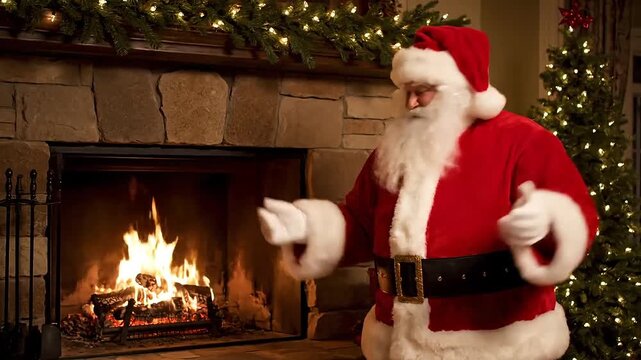 Joyful Santa Claus waves hello in cozy home with roaring fireplace and twinkling Christmas tree