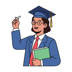 Happy Graduate Woman in Cap and Gown, Holding Book and Chalk, Illustration