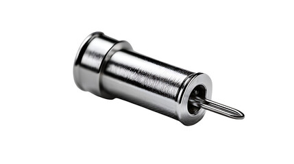Close up of a shiny metal connector with a pin on a white background
