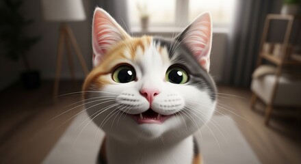 An incredibly cute and happy calico cat gives a joyful smile.