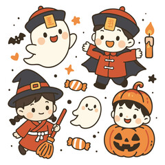 Cute Halloween characters including kids in costumes, ghosts, and candy