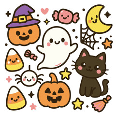 Cute Halloween illustrations with pumpkins, ghost, cat, and candy