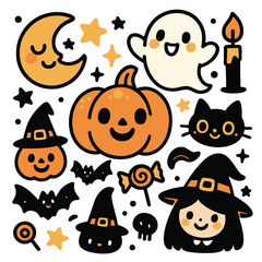 Cute Halloween illustrations featuring pumpkins, ghosts, and bats