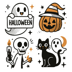 playful Halloween illustration featuring ghost, pumpkin, skeleton, and black cat