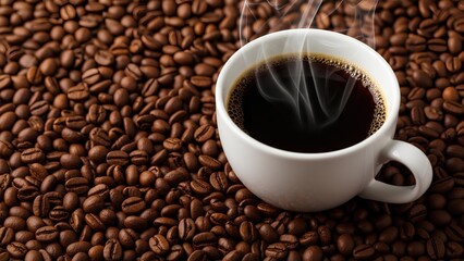 Fototapeta premium Steaming cup of black coffee on a bed of roasted coffee beans, aromatic and energizing morning beverage