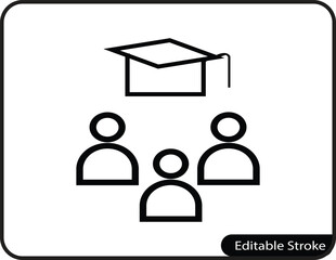A clean and modern line art icon of a group of graduates, representing academic achievement, graduation ceremonies, and student success.