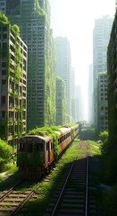 Naklejka premium Abandoned Train On Tracks In Overgrown City With Green Buildings image photo