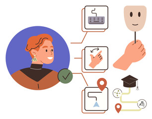 Person smiling next to interconnected elements keyboard, hand gesture, mask, location pin, graduation cap, and path. Ideal for multitasking, education, communication navigation identity user