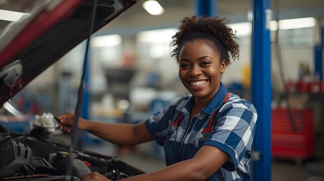 Confident female mechanic repairing car engine, smiling in professional auto shop environment