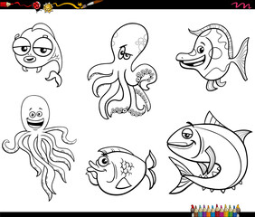 funny cartoon sea life or marine animal characters set coloring page