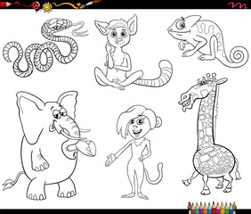 funny cartoon wild animal characters collection coloring page