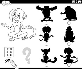 shadow game with cartoon monkey animal character coloring page