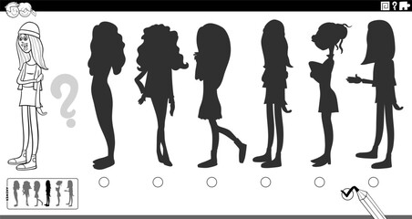 shadow game puzzle with cartoon girl character coloring page